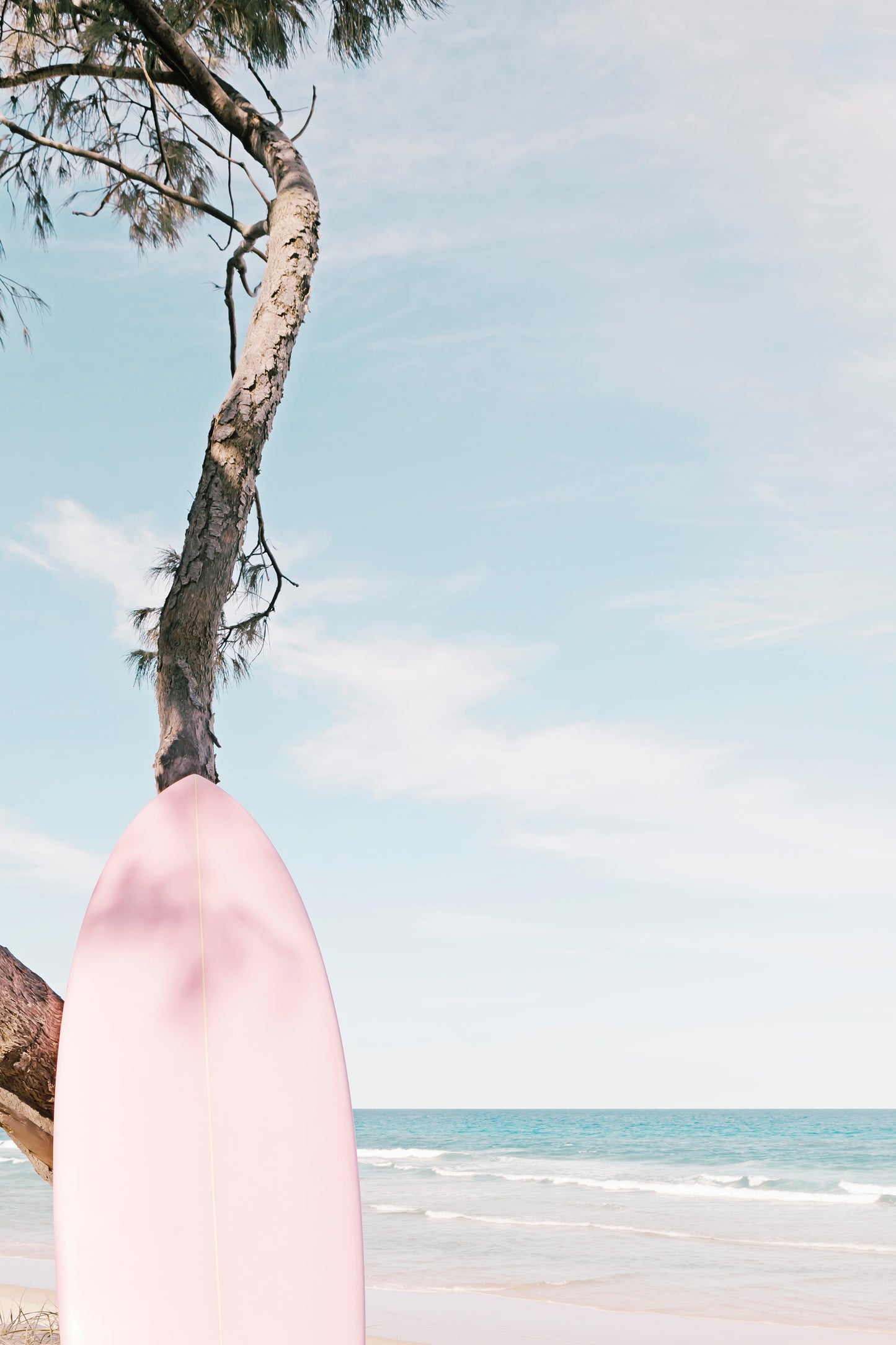 a pink surfboard leaning against a tree on the beach