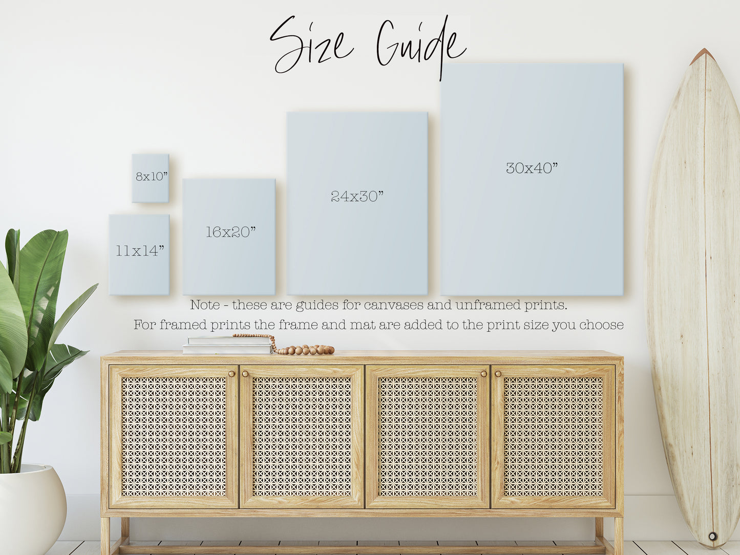 a white wall with a wooden cabinet and a surfboard