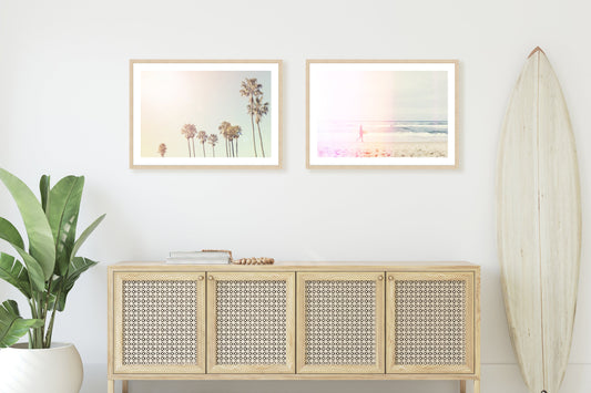 Pastel Surfer and Palms Trees Wall Art Set