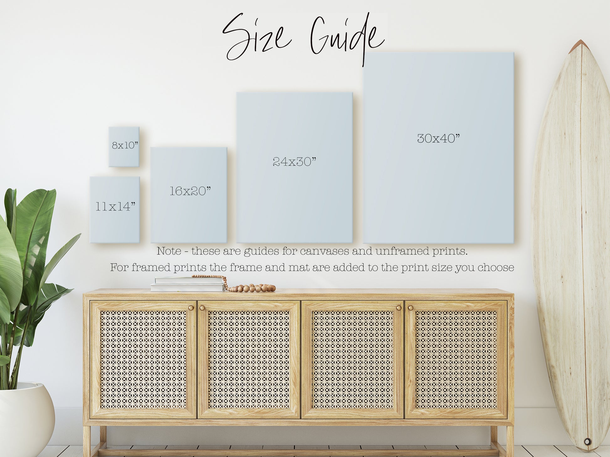 a white wall with a wooden cabinet and a surfboard